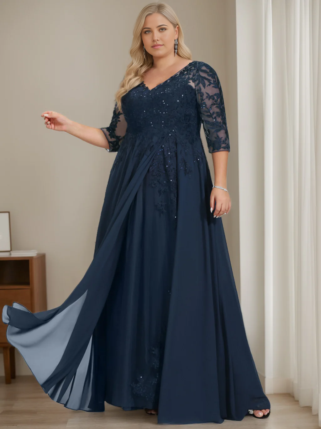 Vestidos de madre de la novia de talla grande, corte princesa, escote en V, media manga, largo hasta el suelo, con lentejuelas